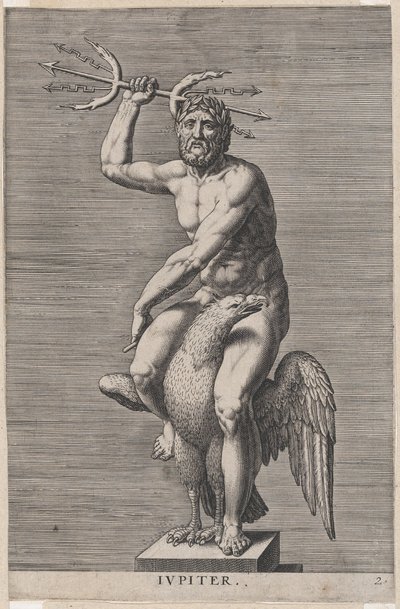 Plate 2: Jupiter, statue of the nude god seated on an eagle, holding a double trident, 1586 by Philip Galle