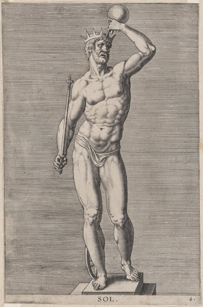 Apollo, statue of the nude god standing on a socle, wearing a crown and holding a... by Philip Galle