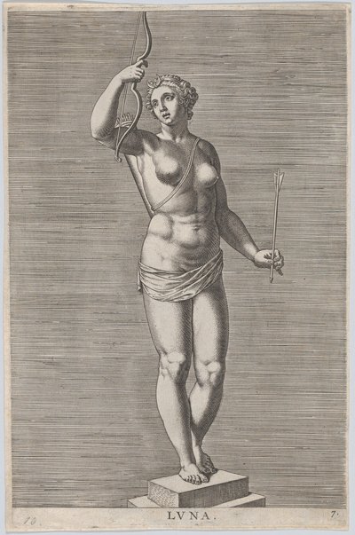 Plate 7: Diana, statue of the nude goddess standing on a socle, wearing a crescent moon, 1586 by Philip Galle