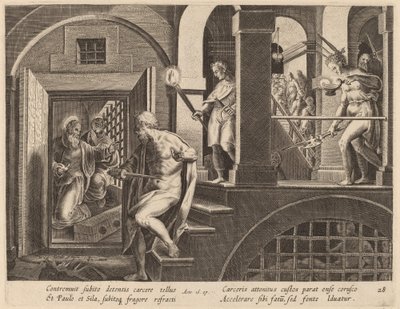 The Jailer about to Kill Himself, Converted by Saint Paul by Philip Galle after Jan van der Straet