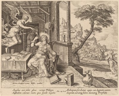 The Angel Orders Saint Philip to Accompany the Ethiopian Eunuch by Philip Galle after Maerten van Heemskerck