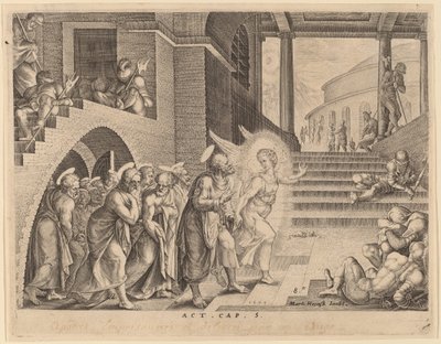 The Apostles Delivered from Prison by an Angel by Philip Galle after Maerten van Heemskerck
