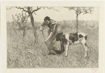 Peasant Woman Digging by Calf (Le veau) by Philip Zilcken (signed by artist)