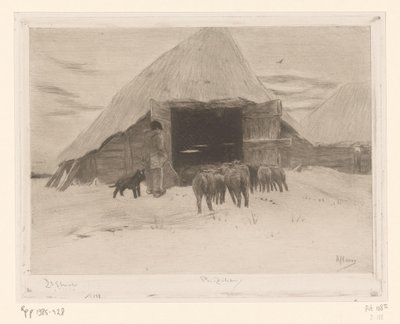 Shepherd Leading a Flock of Sheep into a Barn by Philip Zilcken (signed by artist)