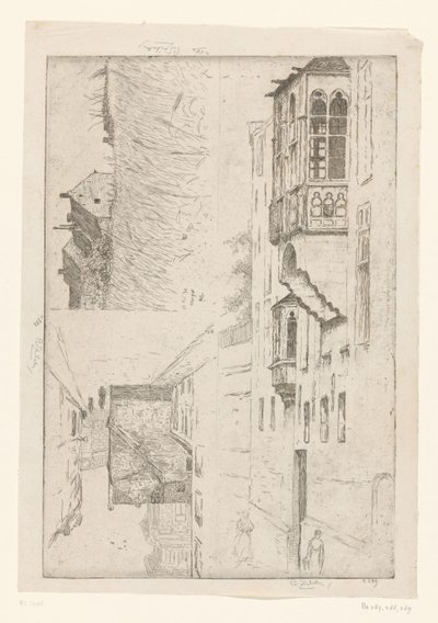 Cornfield with Houses and Two Views of Houses in a City by Philip Zilcken (signed by artist)