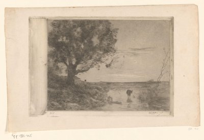 Landscape with Calf in the Water and Man Under a Tree by Philip Zilcken (signed by artist)