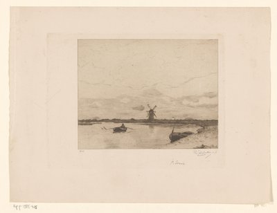 Canal with Rowboat in Meadow Landscape with Mill by Philip Zilcken (signed by artist)