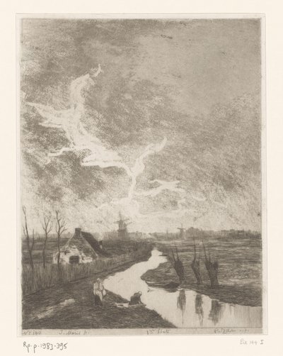 Pastoral Landscape with Ditch, Farm, and Windmills by Philip Zilcken (signed by artist)