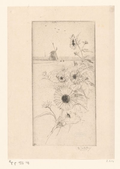 Sunflowers Before a Meadow Landscape with Horses and Mill by Philip Zilcken (signed by artist)