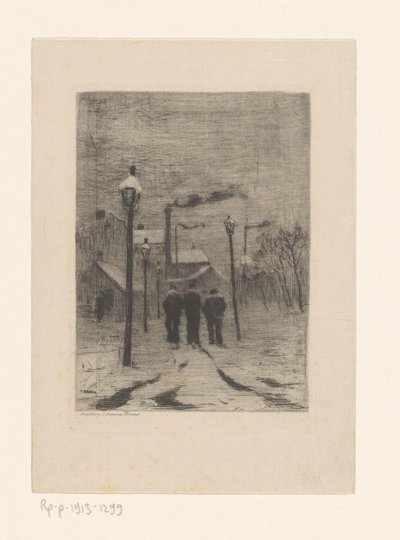 Three Workers Walking Through a Snowy Village Street by Philip Zilcken
