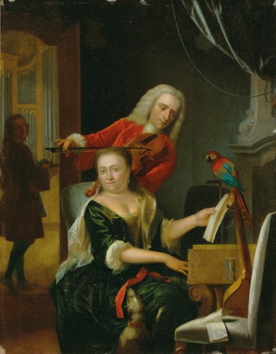 Portrait of a gentleman and his wife making music in an interior by Philip van Dijk