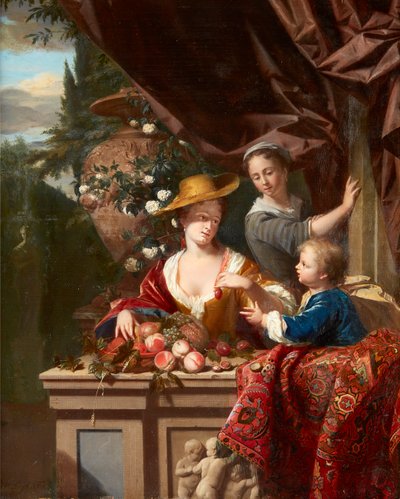 Elegant Figures on a Terrace with Bowl of Assorted Fruit by Philip van Dyck