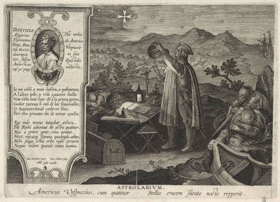 Amerigo Vespucci finding the Southern Cross constellation with an astrolabe Americae Retectio, 1591 by Philipp Galle