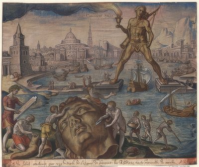 The Colossus of Rhodes (from the series of the Seven Wonders of the World). After Maarten van Heemskerck by Philipp Galle