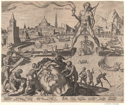The Colossus of Rhodes from the series The Eighth Wonders of the World After Maarten van Heemskerck by Philipp Galle