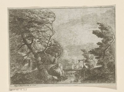 Stormy Landscape with Trees Next to a Bridge over a River by Philipp Hieronymus Brinckmann