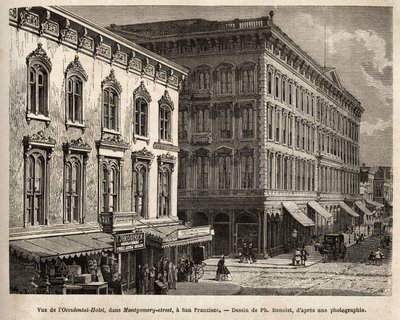 View of the Occidental Hotel, in Montgomery Street, San Francisco (California), Engraving After the Drawing by Ph. Benoist, Illustrating the Journey from Washington to San Francisco, in 1868, by L. Simonin, Published in 