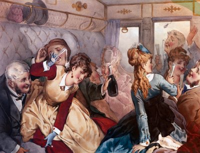 The Pleasure Train A group of bourgeois drinking and entertaining themselves in a wagon. Lithograph by Philippe Jacques Linder by Philippe Jacques Linder