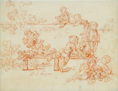 Little Boys Playing and Climbing a Wall by Philippe Louis Parizeau
