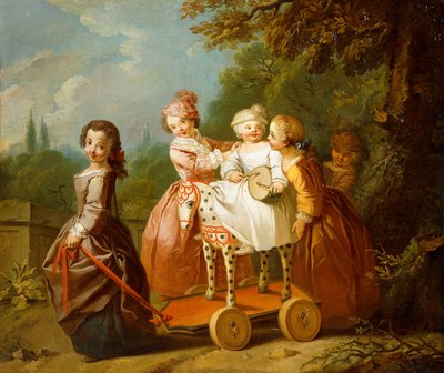 A Young Boy on a Hobbyhorse, with other Children Playing in a Garden by Philippe Mercier