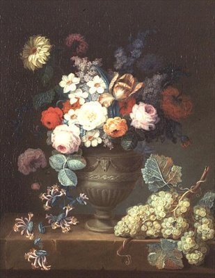 Still Life of Flowers in a Classical Vase with a Bunch of Grapes by Philippe Parpette