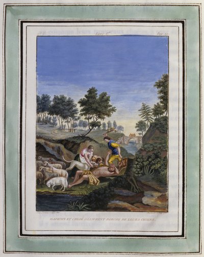 Daphnis and Chloe Deliver Dorcon from Their Dogs. Drawing by Philippe d