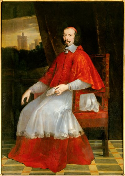 Full-length portrait of Cardinal Jules Mazarin. The cardinal sits behind him a view of the Chateau de Vincennes by Philippe de Champaigne