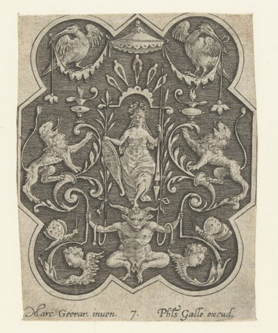 Helmeted Woman with Shield and Spear, Flat Decorations with Grotesques on a Shaded Background (series title) by Philips Galle