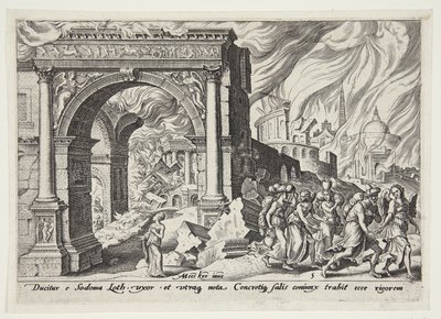 Lot and His Family Leaving the Burning Sodom by Philips Galle