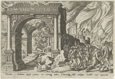 Lot and His Family Leaving the City of Sodom (series title: The Days of Calamity of the Jewish People) by Philips Galle