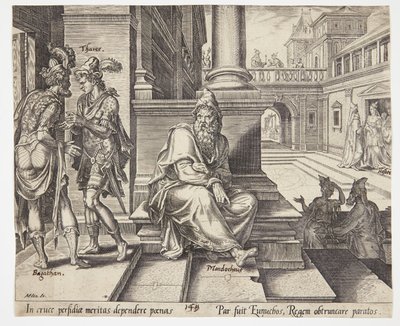 Mordecai Overhearing the Treason of Bigthan and Teresh by Philips Galle