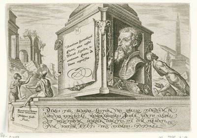 Portrait of Maarten van Heemskerck on the Pedestal of a Column (The Days of Calamity of the Jewish People) by Philips Galle