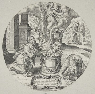 The Angel Ascending in the Flame on the Altar of Manoah and His Wife by Philips Galle