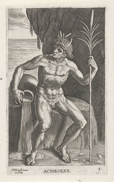 Sea God Achelous (series: River and Sea Gods, Semideorum Marinorum amnicorumque sigillariae imagines perelegantes) by Philips Galle