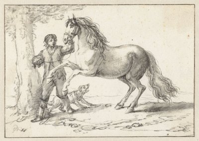 Young Man Holding a Rearing Horse by its Bridle, Frightened by a Barking Dog by Philips Wouwerman