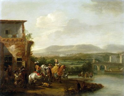 An Elegant Riding Party Outside a Farm by a River by Philips Wouwermans or Wouvermans