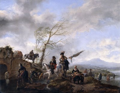 An Extensive River Landscape with Soldiers and a Standard Bearer Watering their Horses by Philips Wouwerman