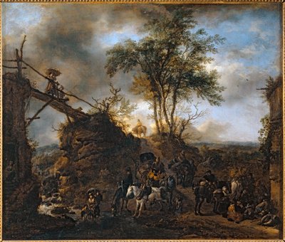Wooden Bridge over the Torrent by Philips Wouwermans or Wouwerman