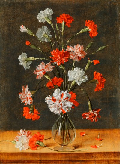 Carnations in a Glass Vase on a Stone Table by Phillipe de Marlier