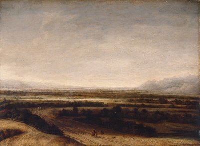 Flat landscape with a view to distant hills by Phillips de Koninck