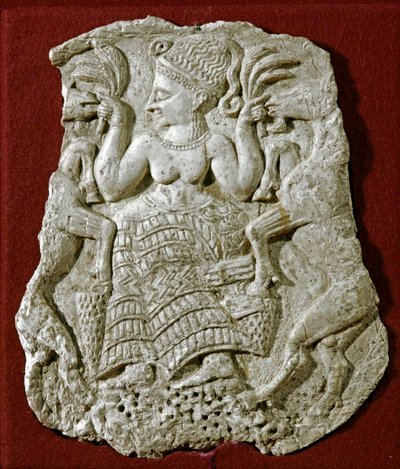 Phoenician Art: Carved Ivory Pyxide Cover Representing a Mycenaean Fertility Goddess Nourishing Goats by Phoenician