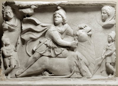 Civilization of the Phoenicians: sacrifice scene depicting the divinity Mithra immolating the bull. 2nd or 3rd century AD. Marble relief. Paris, Louvre Museum by Phoenician Phoenician