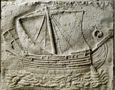 Phoenician art: bas relief of sarcophagus representing a merchant ship - From the old port of Sidon (Saidoon) in Lebanon by Phoenician Phoenician