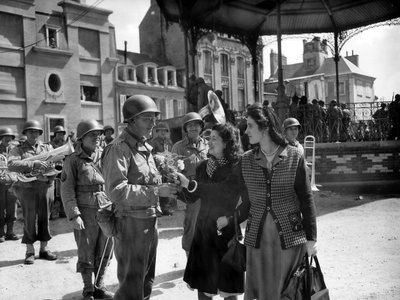 American Soldiers Chatting to Young French Women, Cherbourg, 29th June by Photographer French