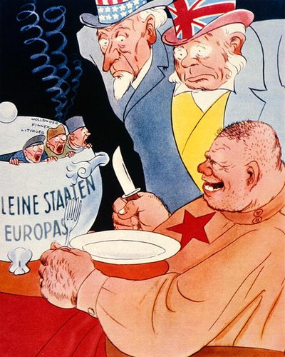 A huge Russian soldier about to feed from a pot inscribed 