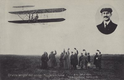 American aviator Orville Wright and his flying machine by Photographer German
