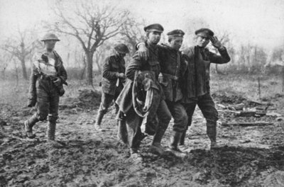 Camaraderie: English Prisoners with a Wounded German on the Way to Casualty Collection Point by Photographer German