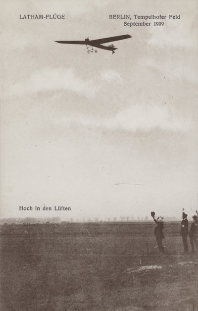 French Aviator Hubert Latham Flying Over Tempelhof Airfield, Berlin, September 1909 by Photographer German