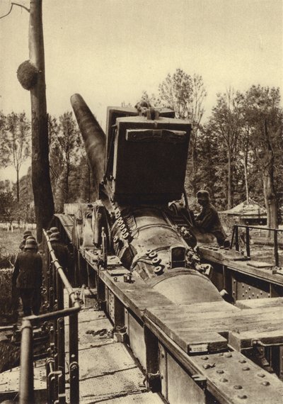 German 380 mm railway gun of the type used in the bombardments of Verdun and Dunkirk, France, World War I by Photographer German