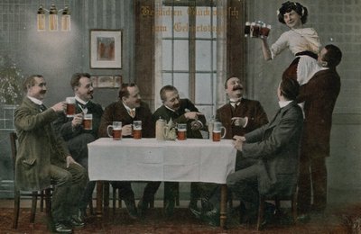 Postcard of Germans Drinking Beer and Having Fun with the Waitress, Sent in 1913 by Photographer German
